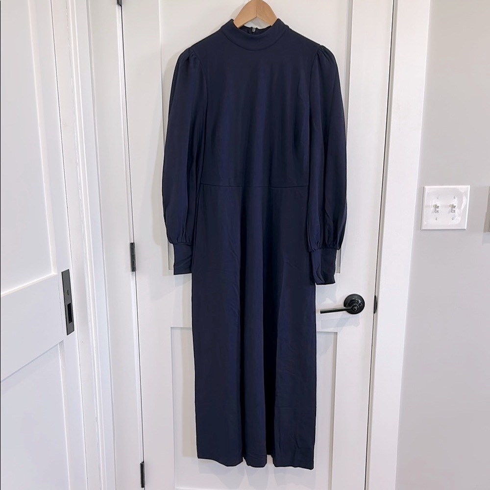 NWOT Boden Navy Blue Maxi Gown with Bishop Sleeves and Mock Neck